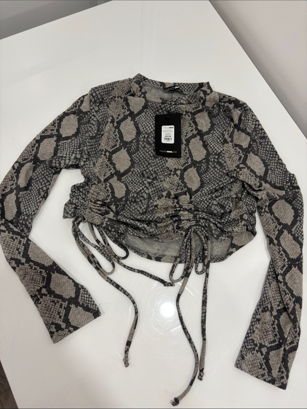Fashion Nova Gray Snake-Print Ruched Long Sleeve Top